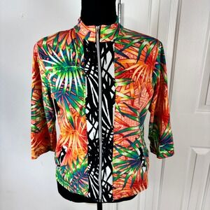 Onque Casual Womens Petite Large Tropical Palm Print Zip Up Jacket 3/4 Sleeve PL